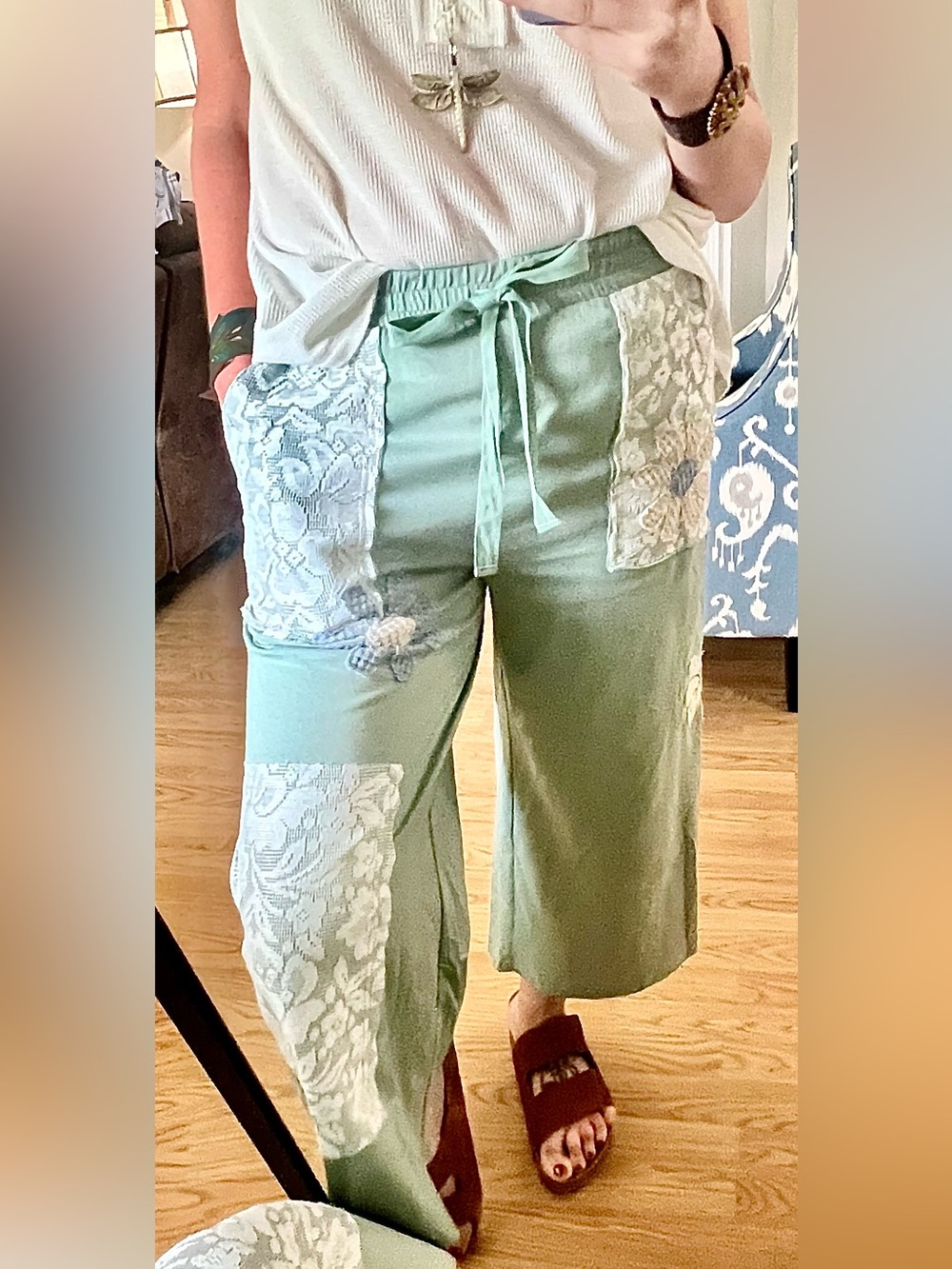 Women’s Bohemian Sage Wide-Leg Cropped Patchwork Pants with Drawstring